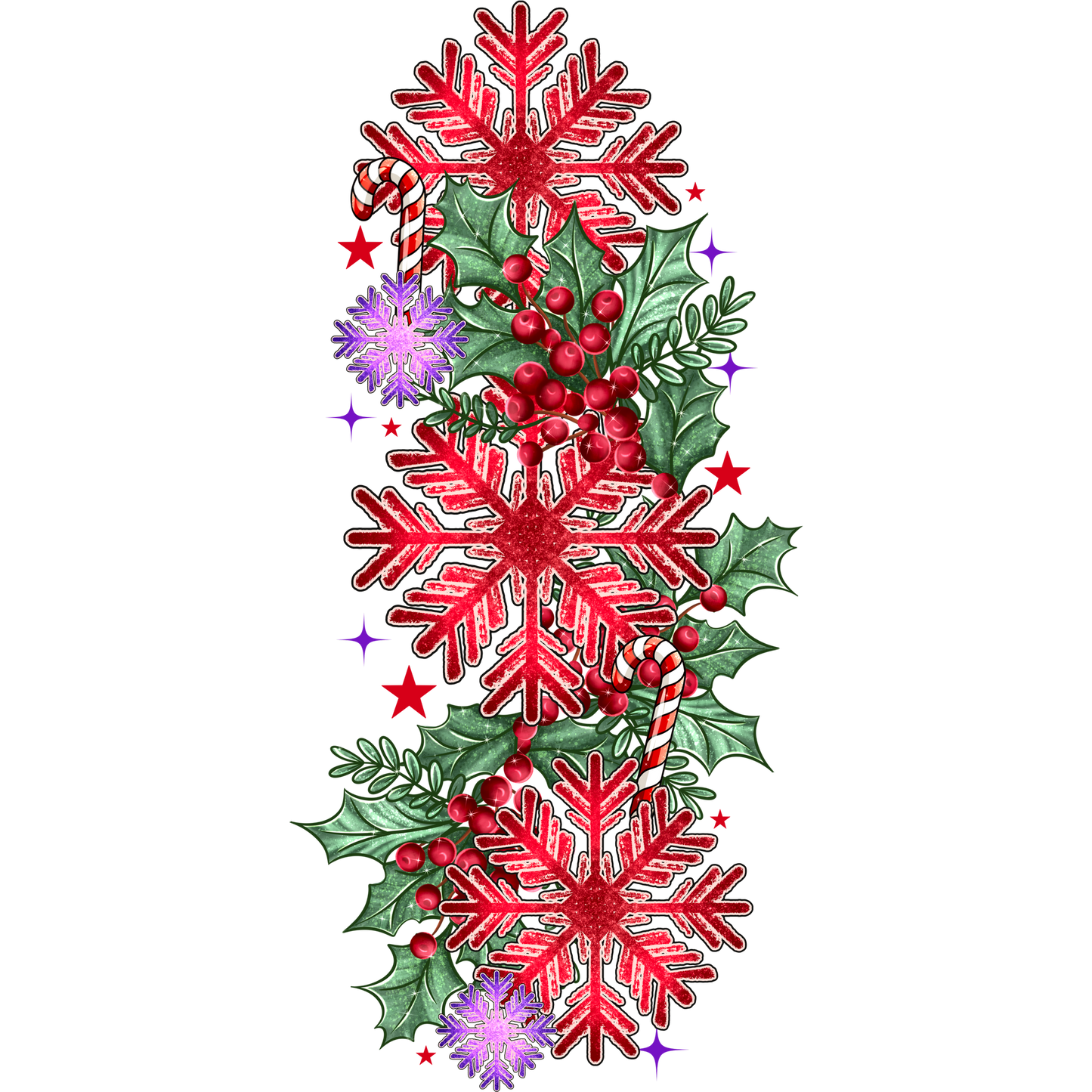 Festive Red Snowflakes with Holly and Berries Design