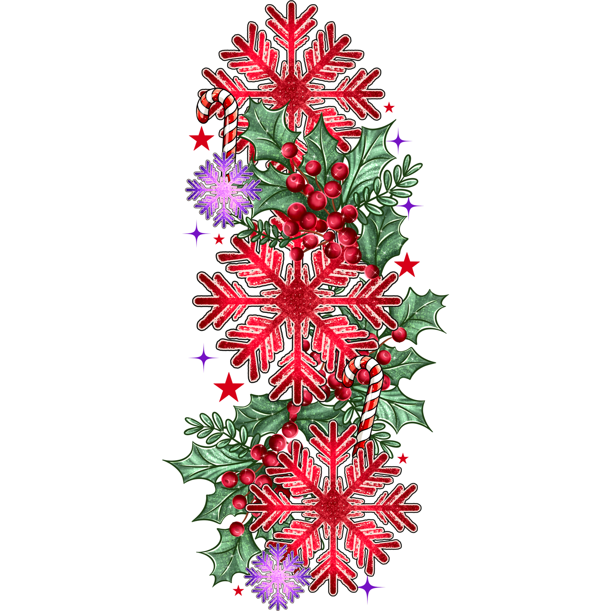 Festive Red Snowflakes with Holly and Berries Design