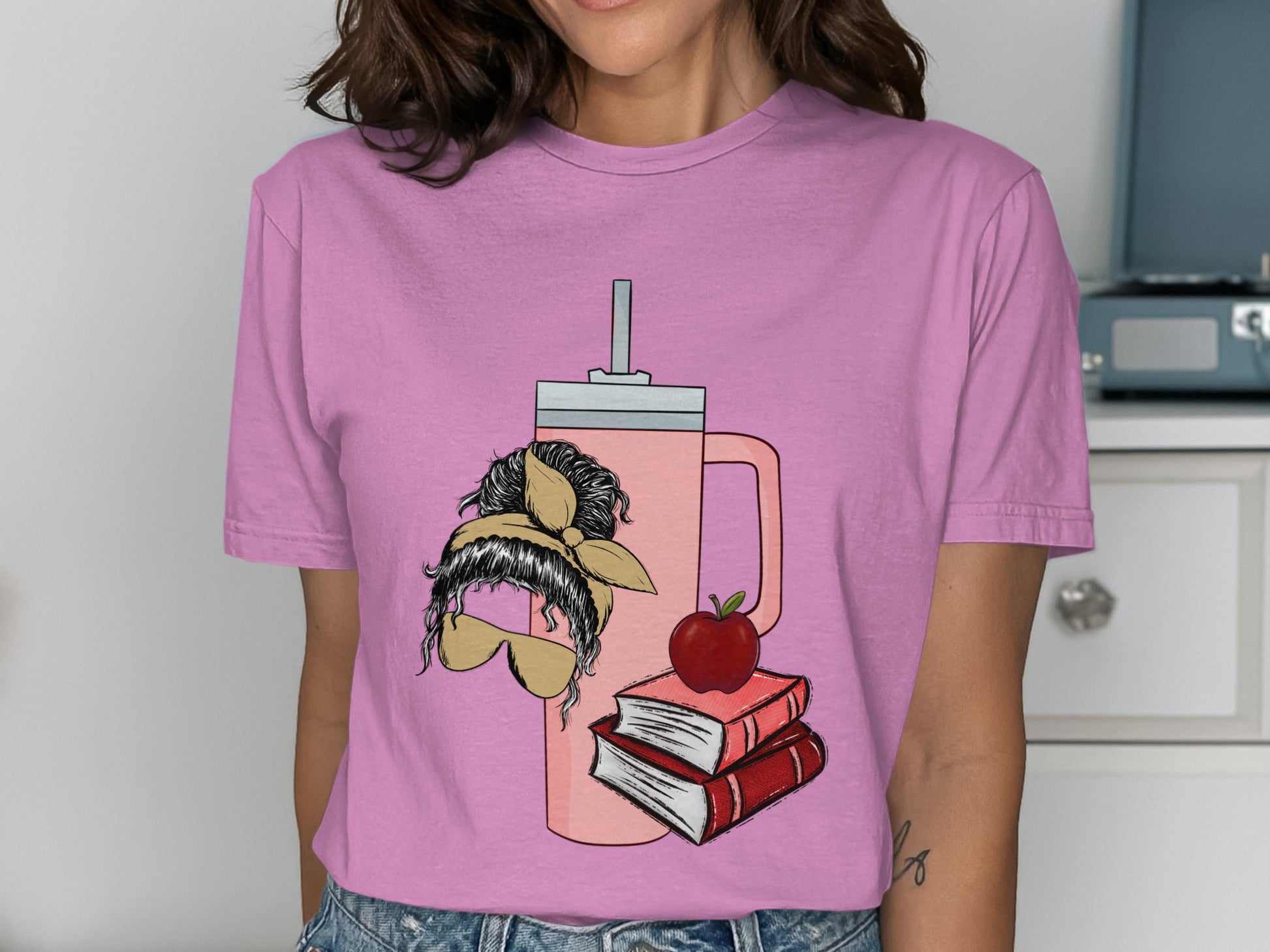 Quirky Illustrated Tee with Fun Book and Mug Design