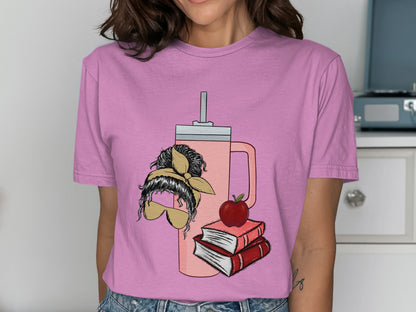 Quirky Illustrated Tee with Fun Book and Mug Design