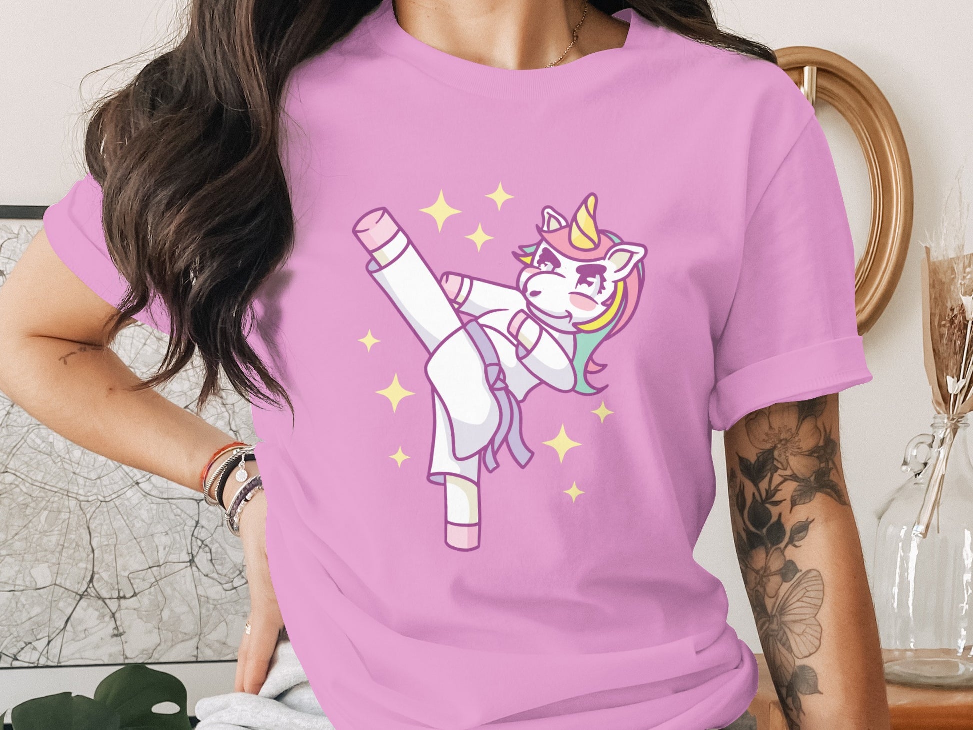 Unicorn Practicing Martial Arts on Pink T-Shirt