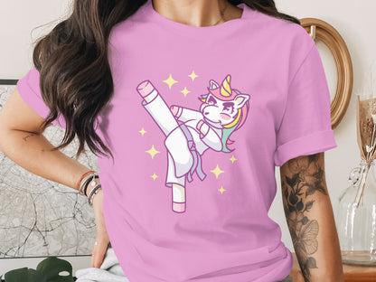 Unicorn Practicing Martial Arts on Pink T-Shirt