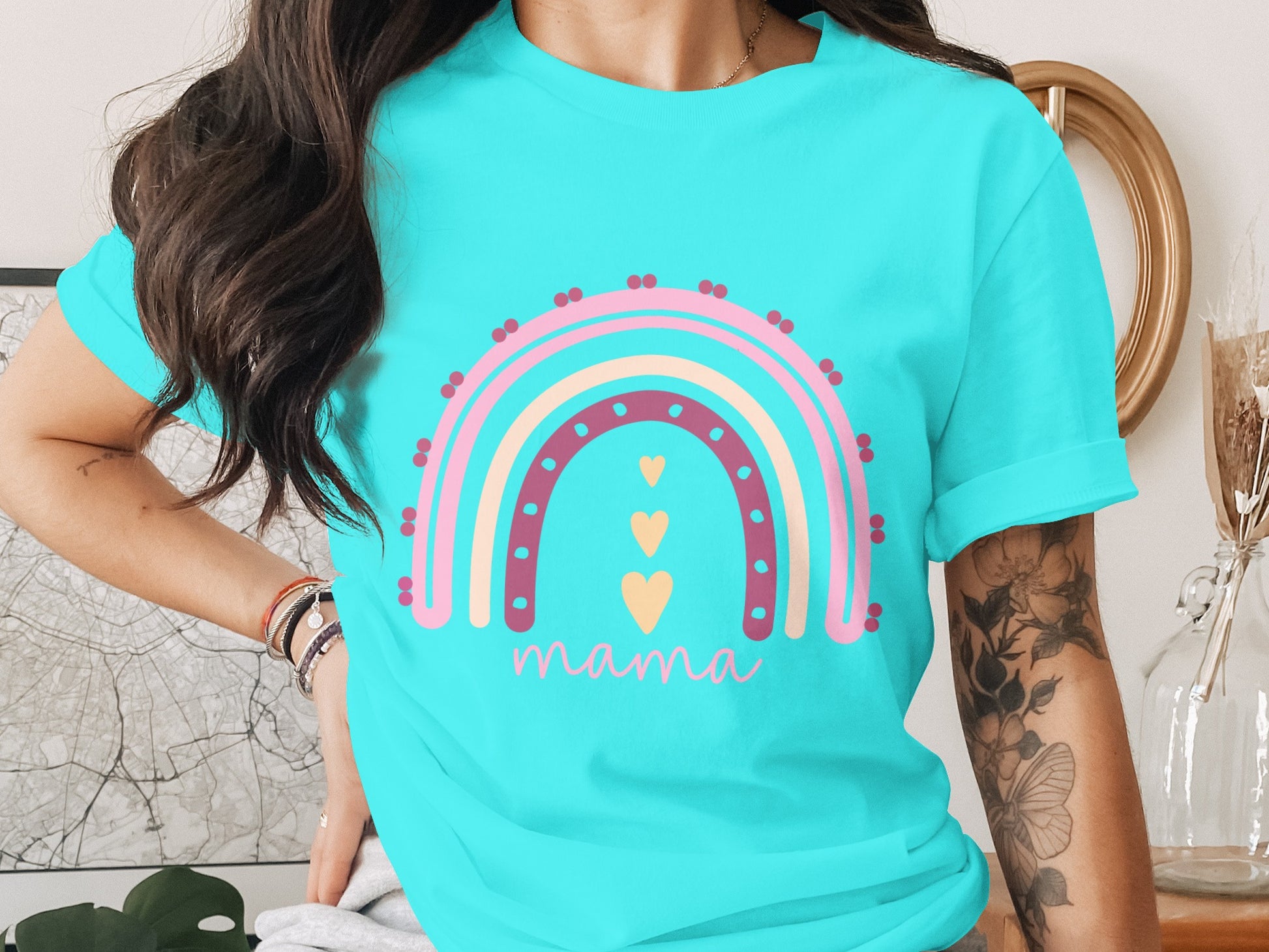 Vibrant Teal Mama Rainbow Heart Graphic Tee