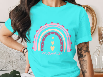 Vibrant Teal Mama Rainbow Heart Graphic Tee