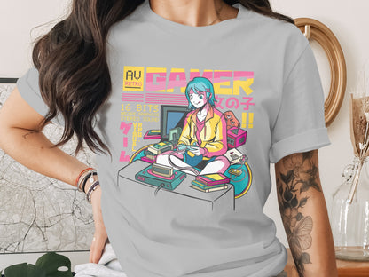 Retro Gamer Girl Graphic Tee Shirt Vibrant Colors Design