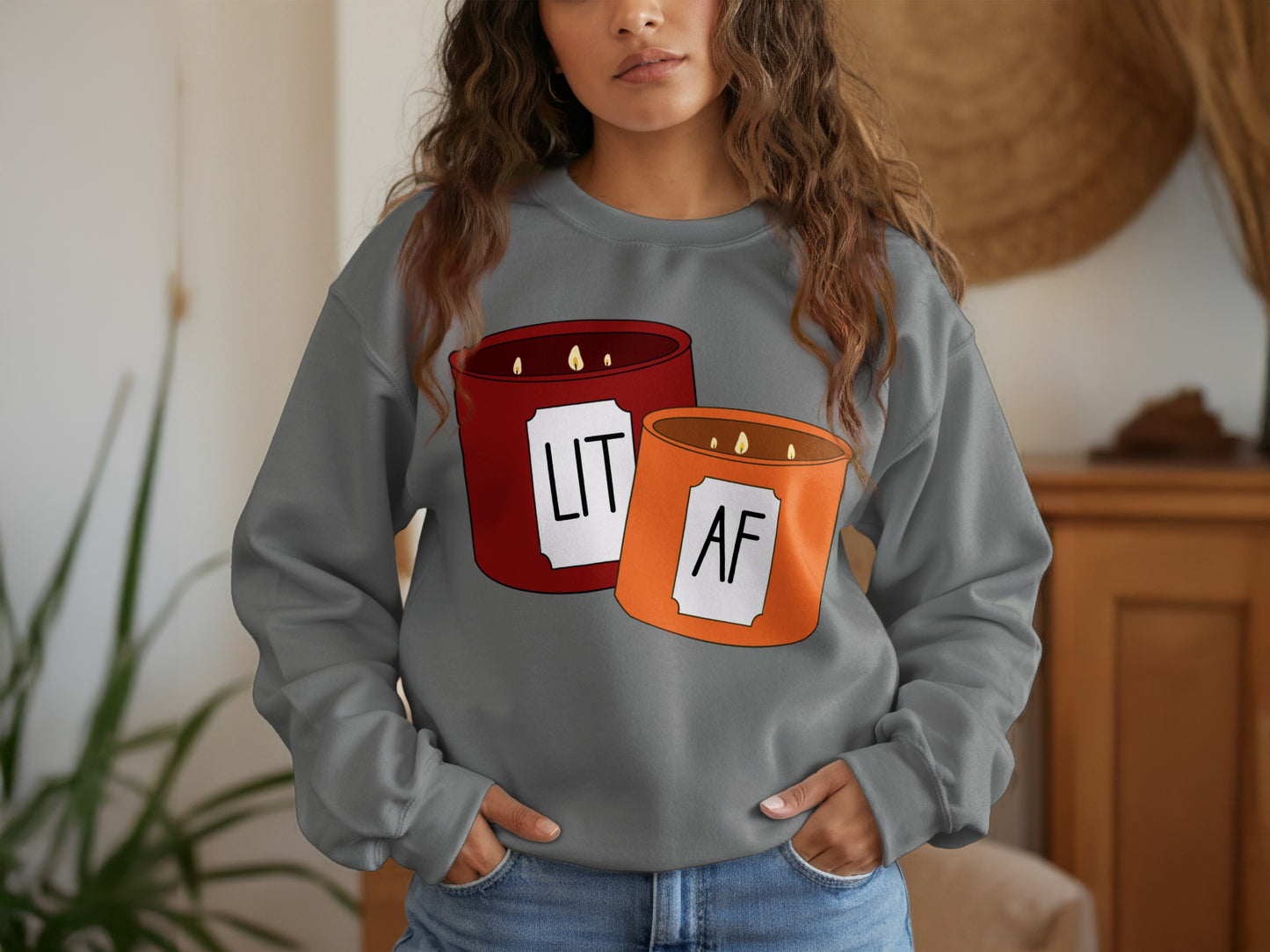 Lit AF Funny Slogan Candles Graphic Sweatshirt