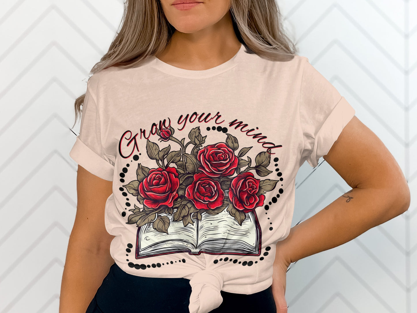 Grow Your Mind Graphic T-shirt with Rose Design