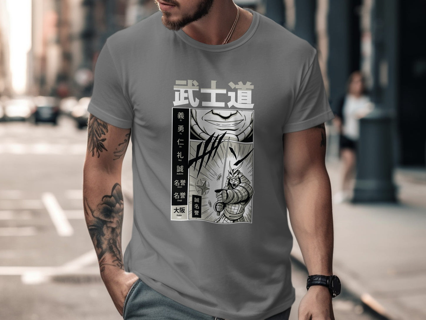 Samurai Graphic Tee with Japanese Text Design