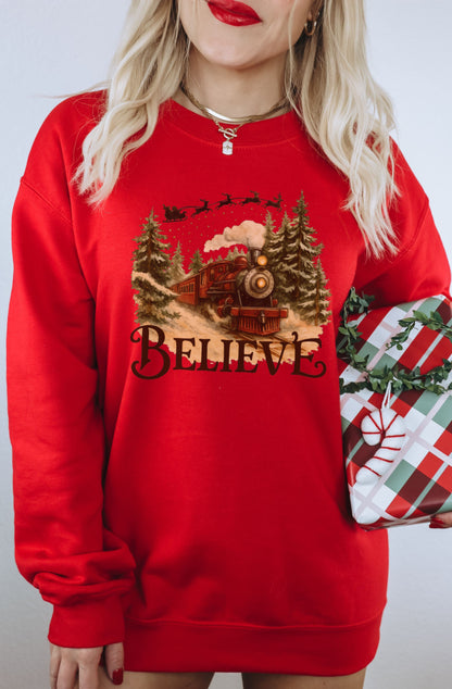 Festive Believe Santa Train Red Christmas Sweater
