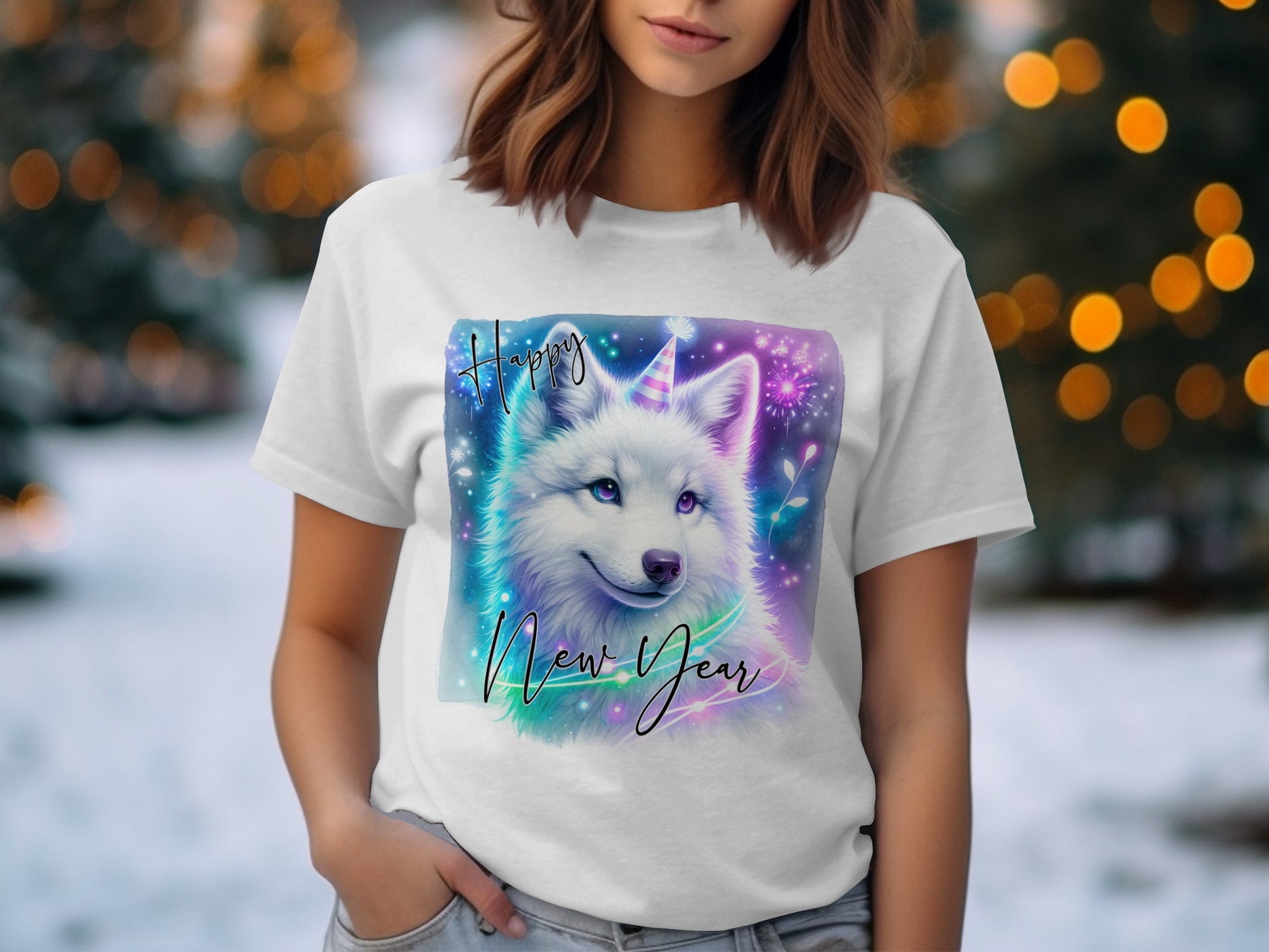 Happy New Year White Wolf Graphic T-Shirt