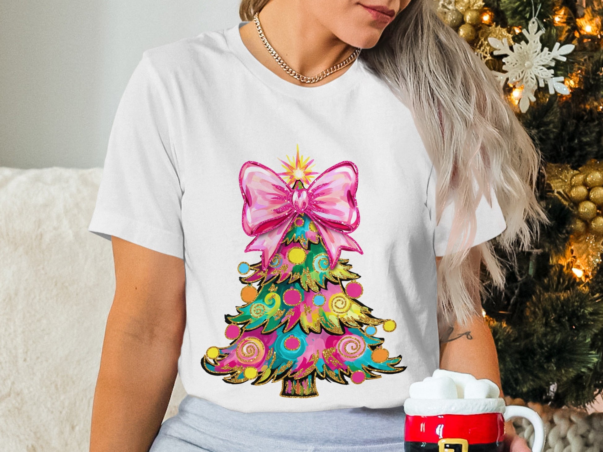 Colorful Christmas Tree with Pink Bow T-Shirt