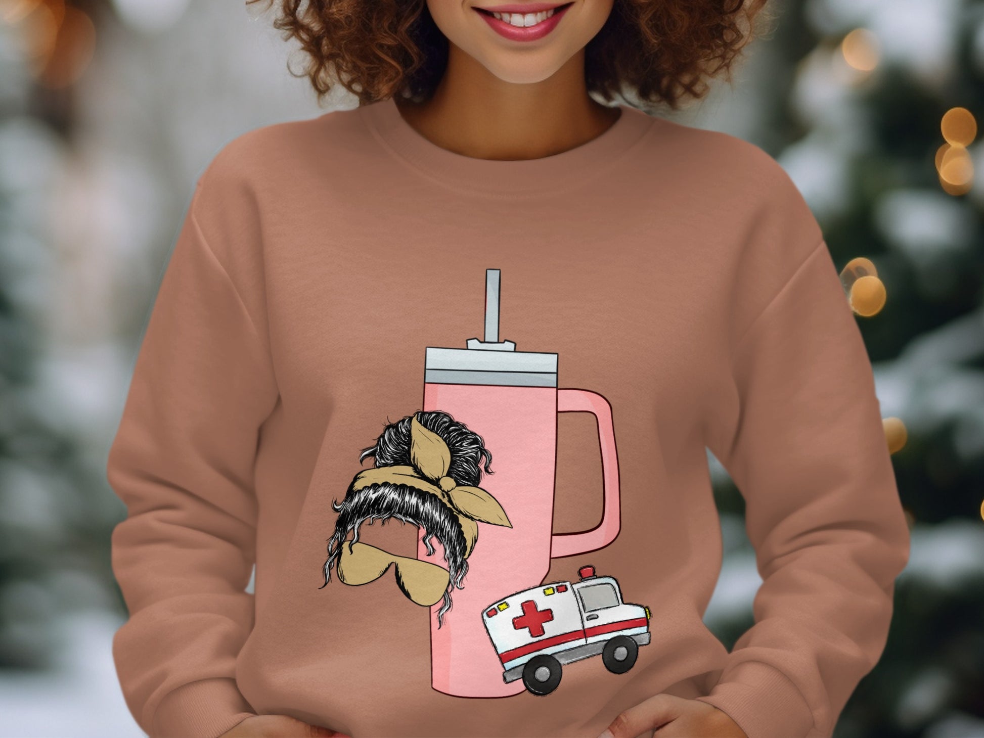 Cozy Sweater with Quirky Mug and Ambulance Design