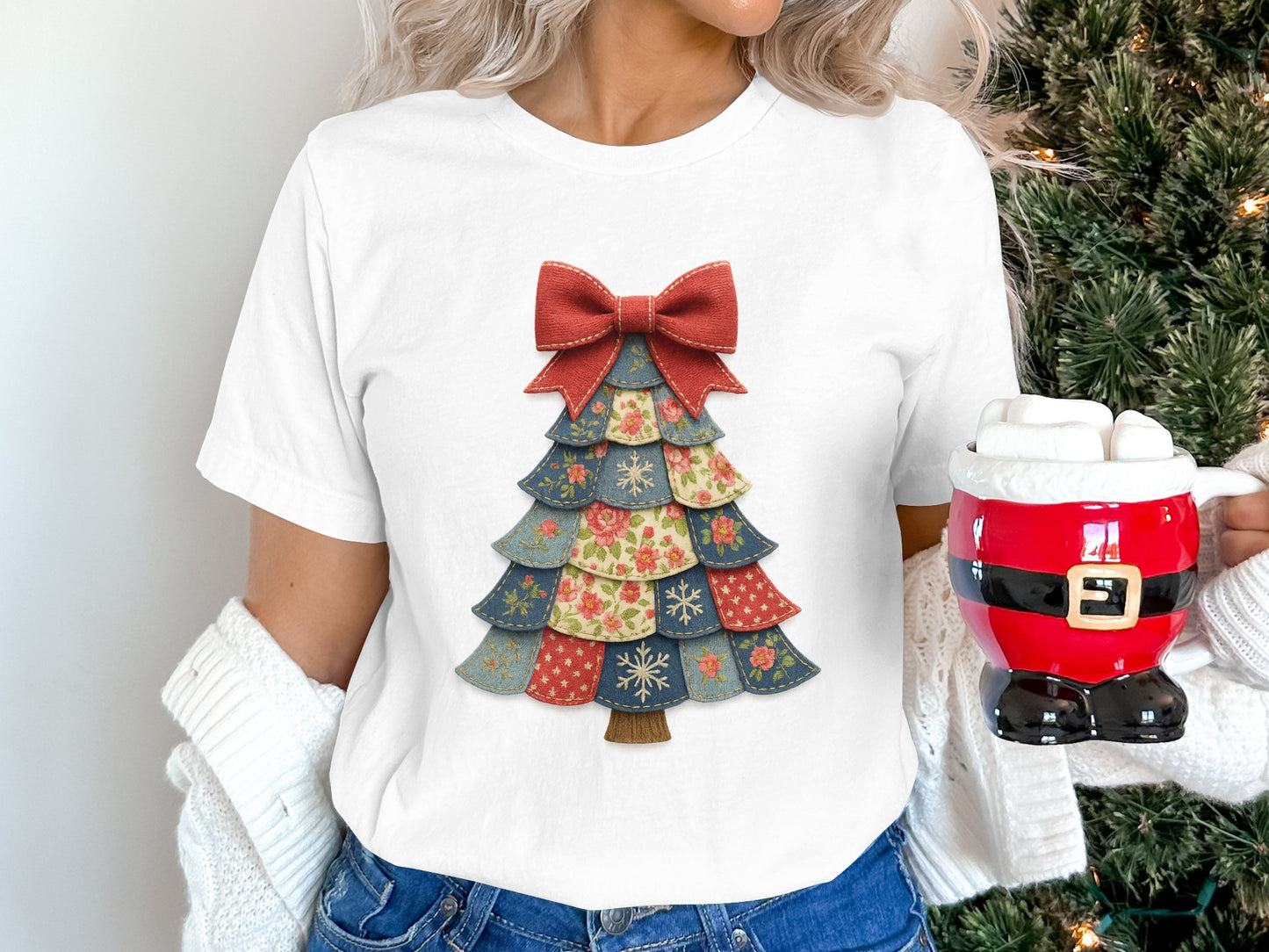 Patchwork Christmas Tree Holiday Graphic T-Shirt
