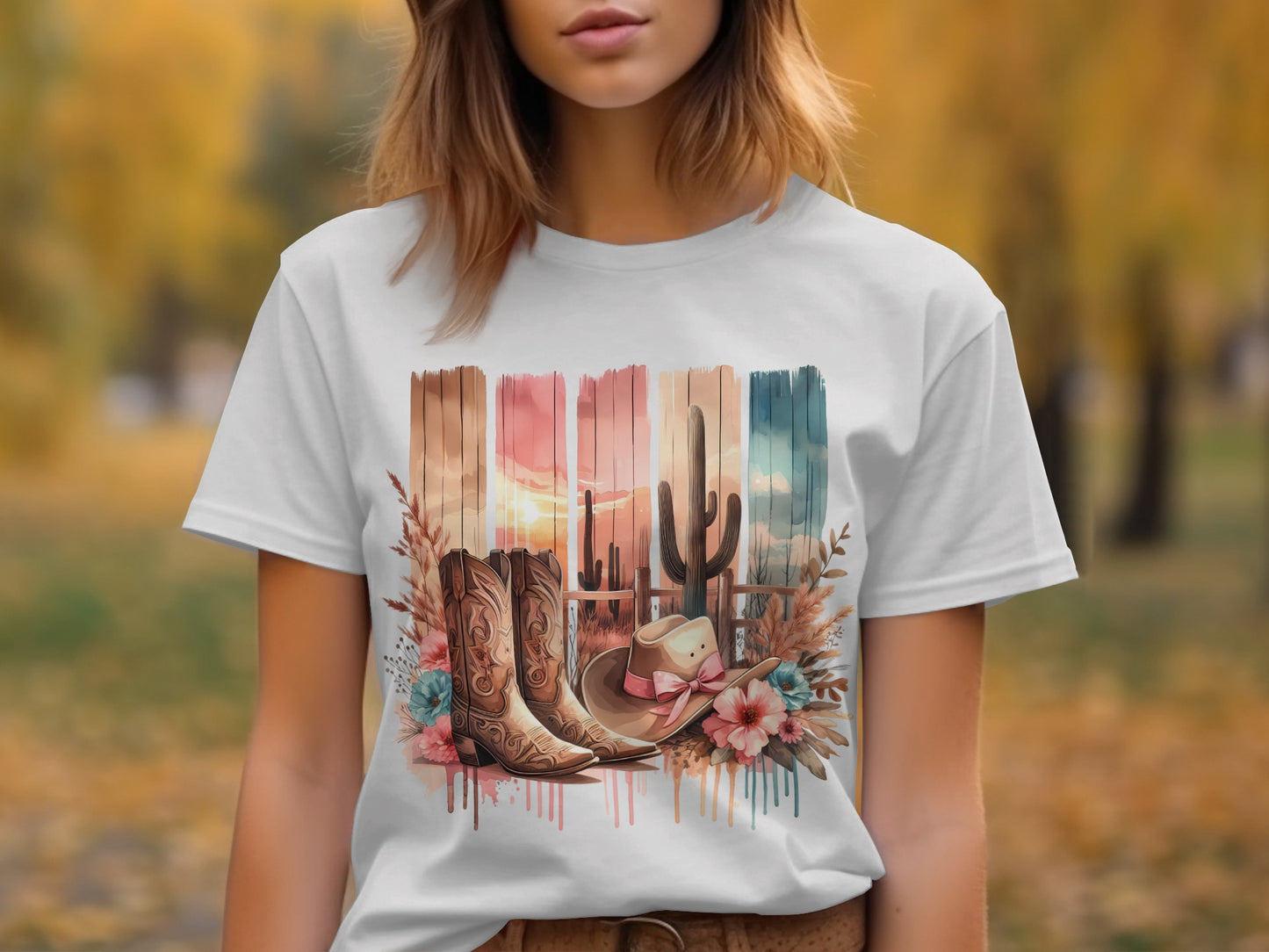 Colorful Western Themed Shirt with Boots and Cactus Design