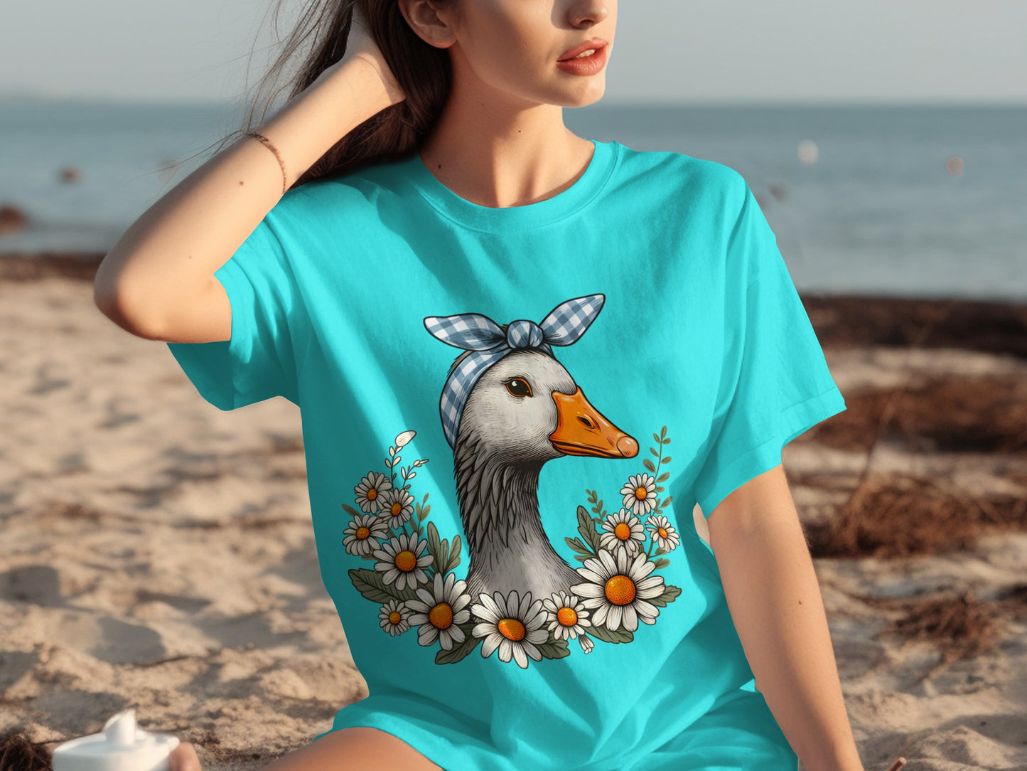 Cute Goose with Daisy Flowers Graphic T-shirt