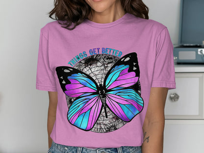 Pink T-shirt with Colorful Butterfly and Phrase Design
