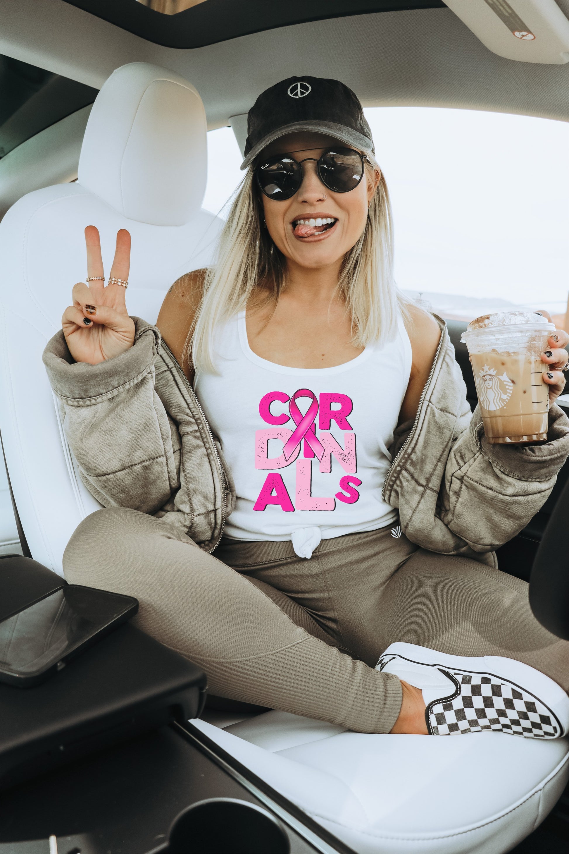 Peace Sign Girl in Cardinals Tank Top Mockup