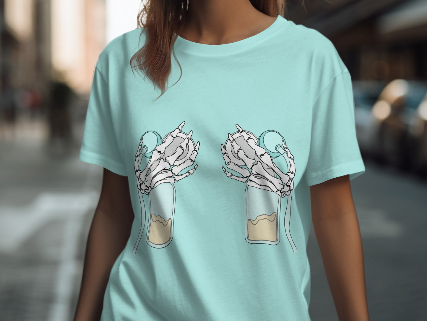 Unique Skeleton Hands Coffee Cups Graphic Tee