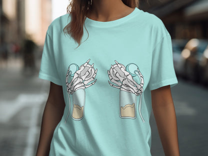Unique Skeleton Hands Coffee Cups Graphic Tee