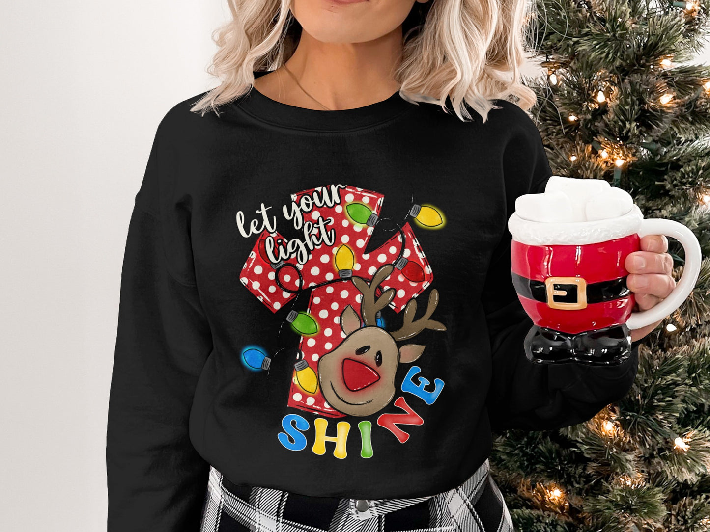 Festive Christmas Reindeer Let Your Light Shine sweatshirt