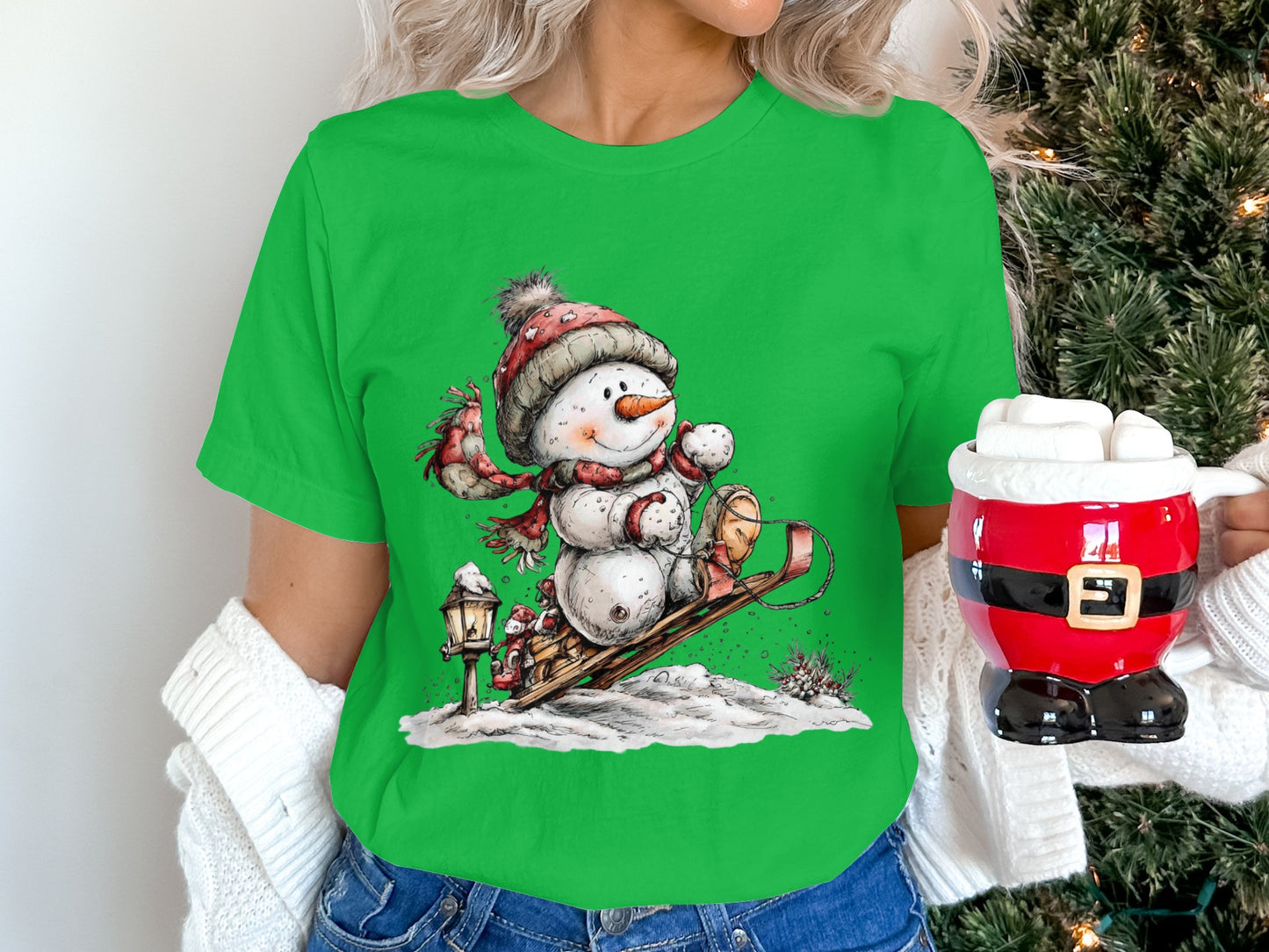 Snowman Sledding Winter Holiday Graphic T-Shirt