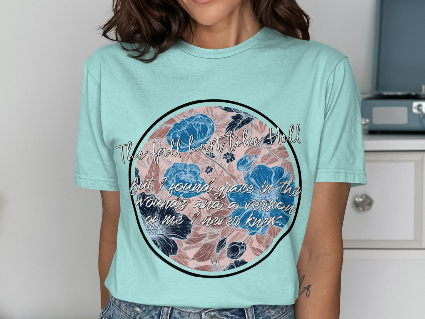 Inspiring Floral Graphic Teal Tee With Motivational Quote