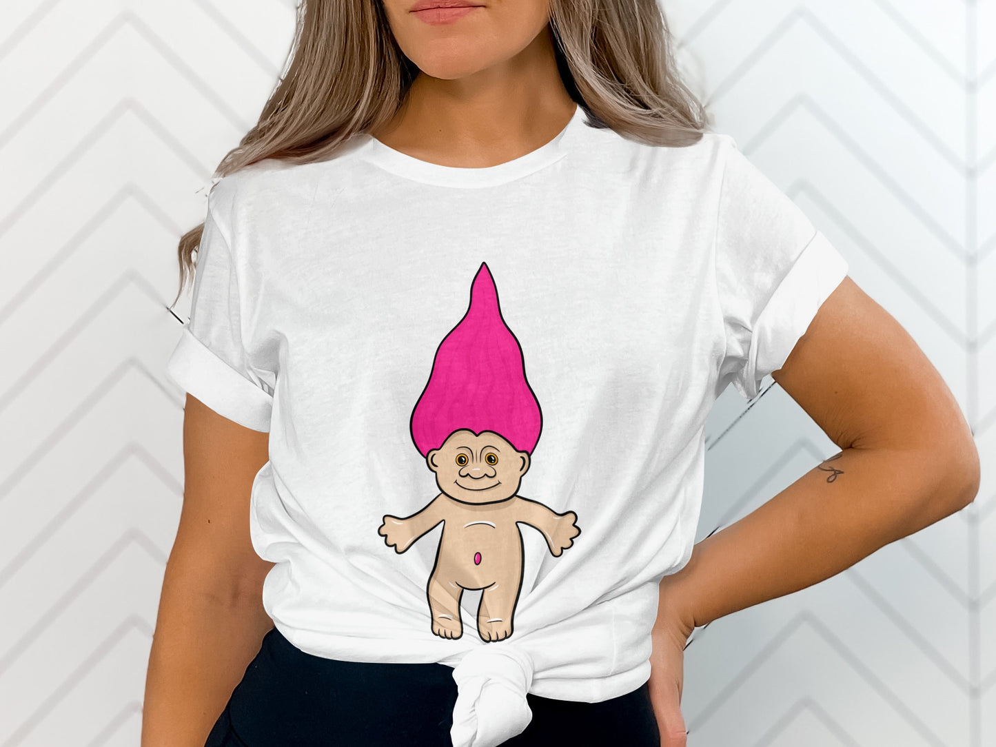 Trendy Troll Graphic Tee with Iconic Pink Hair Design