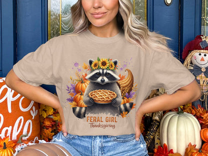 Feral Girl Thanksgiving Raccoon Pie T-Shirt, Autumn Leaves, Pumpkin, and Sunflower Design, Ready to Press DTF Transfers