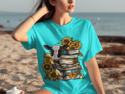 Sunflowers and Cow with Books on Beach T-shirt