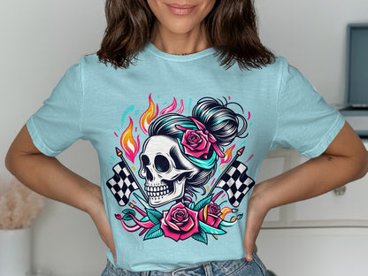 Vibrant Skull Graphic Tee with Flames and Roses Design