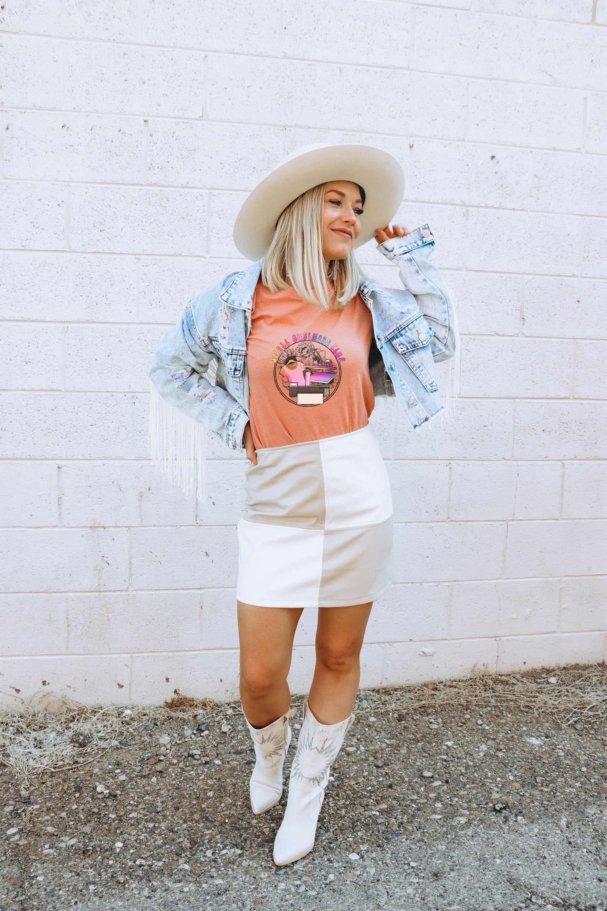Retro Graphic Print Tee with Unique Skirt and Jacket Combo