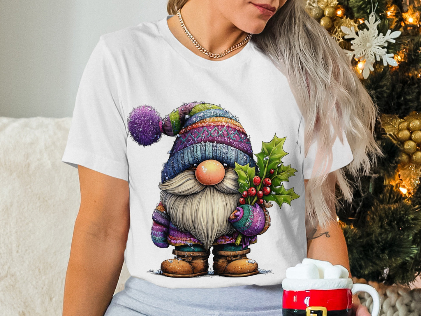 Colorful Gnome T Shirt Holding Holly for Christmas