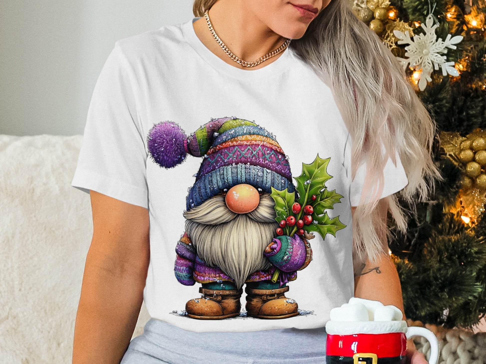 Colorful Gnome T Shirt Holding Holly for Christmas