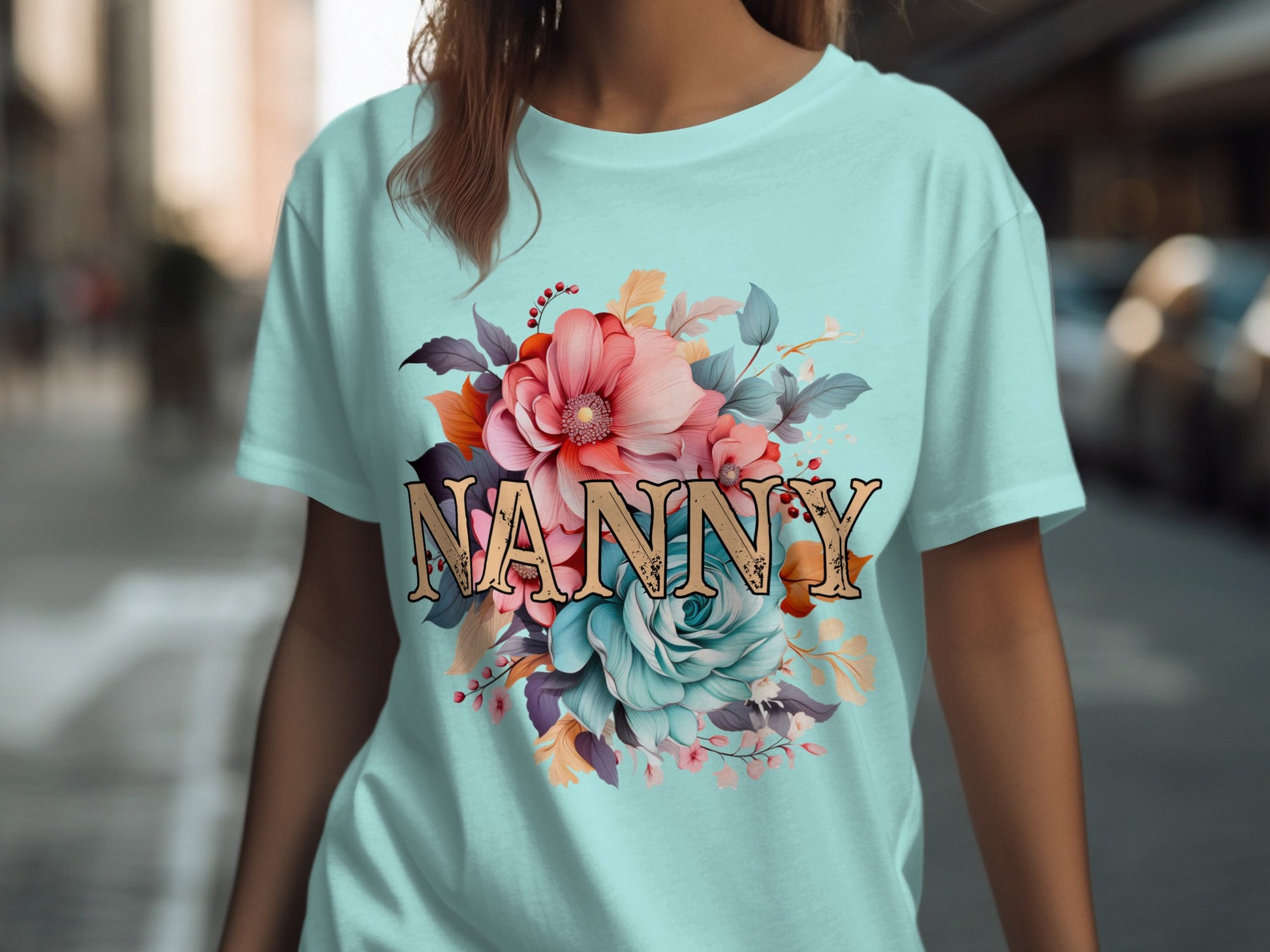 Beautiful Floral Nanny Graphic Tee for Caregivers