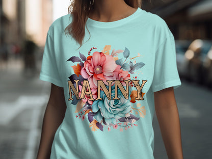 Beautiful Floral Nanny Graphic Tee for Caregivers
