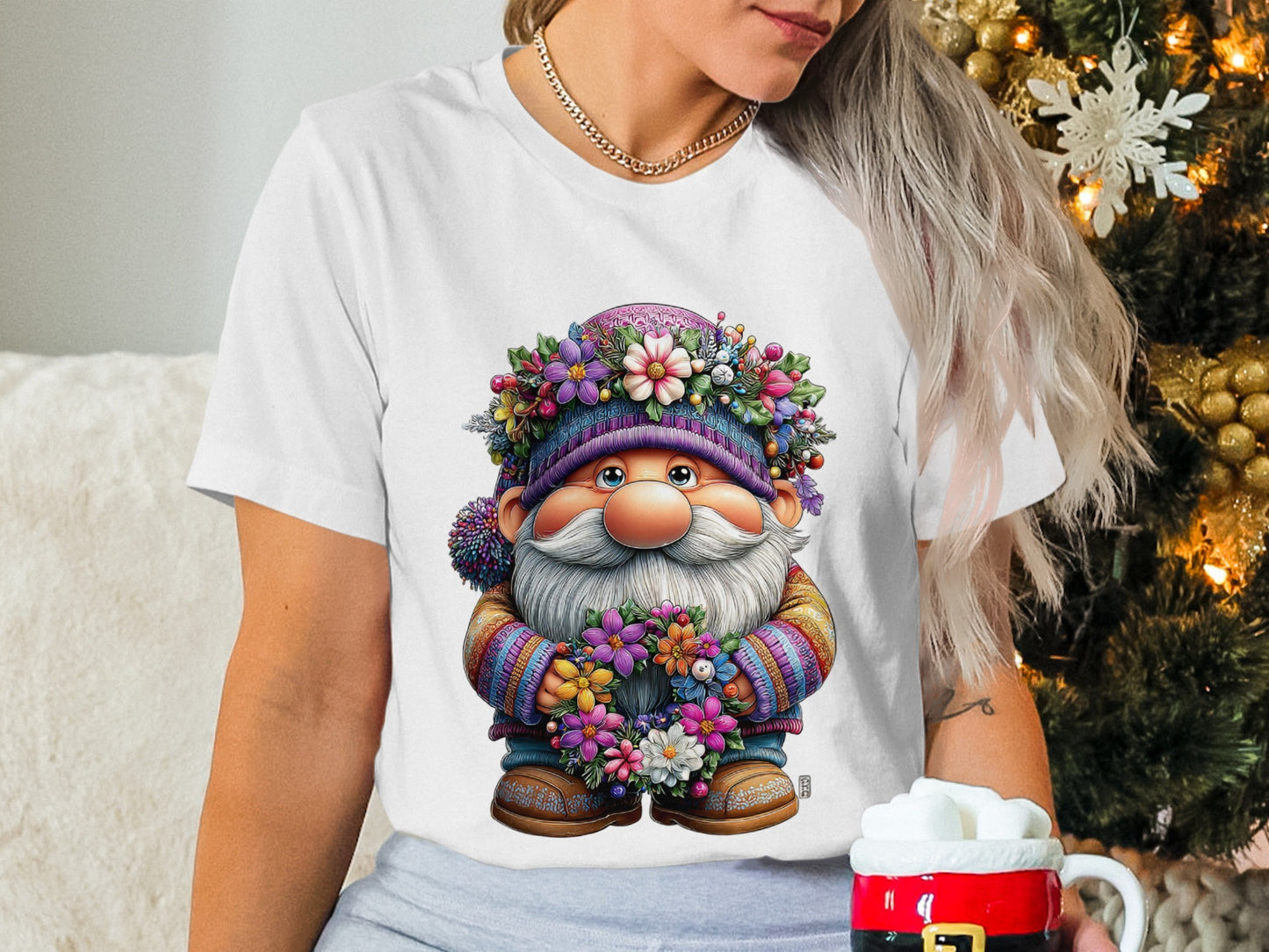 Whimsical Gnome with Flowers Printed T-shirt