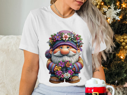 Whimsical Gnome with Flowers Printed T-shirt