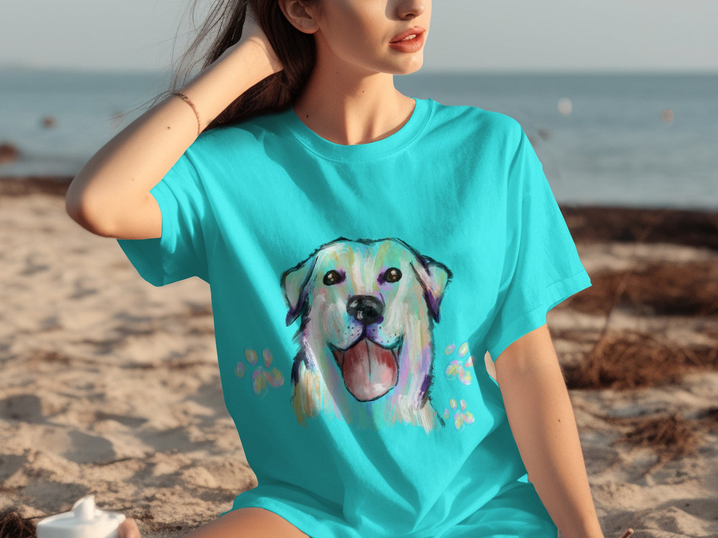 Vibrant beach themed tee with adorable dog graphic