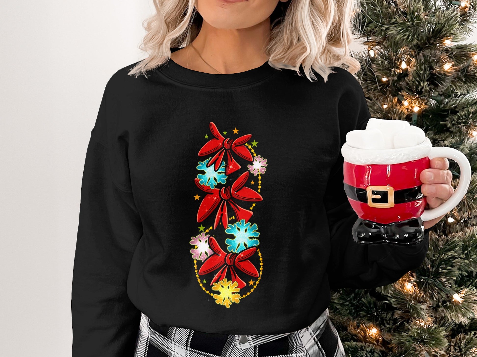 Festive Christmas Bow Graphic Black Long Sleeve Shirt