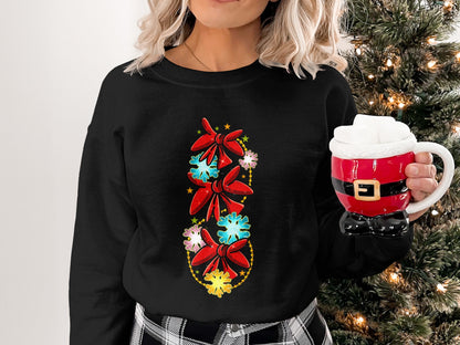 Festive Christmas Bow Graphic Black Long Sleeve Shirt