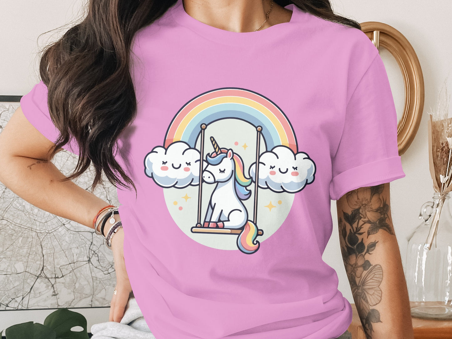Adorable Unicorn Swinging Under A Rainbow Design Shirt