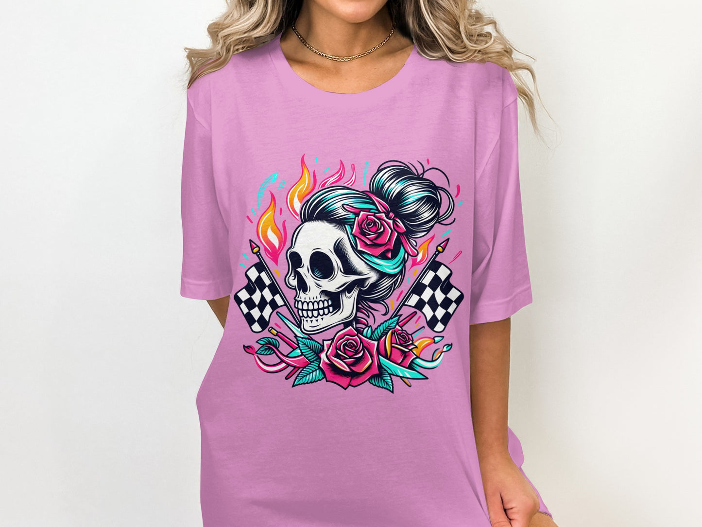 Women's Graphic Tee Skull and Roses Design Shirt
