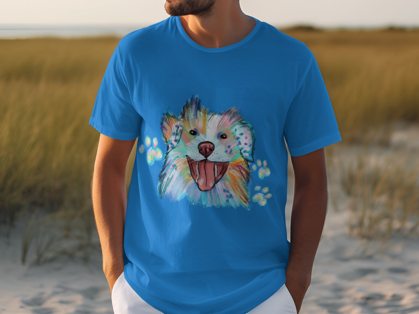 Colorful Dog Face with Paws Graphic T-Shirt