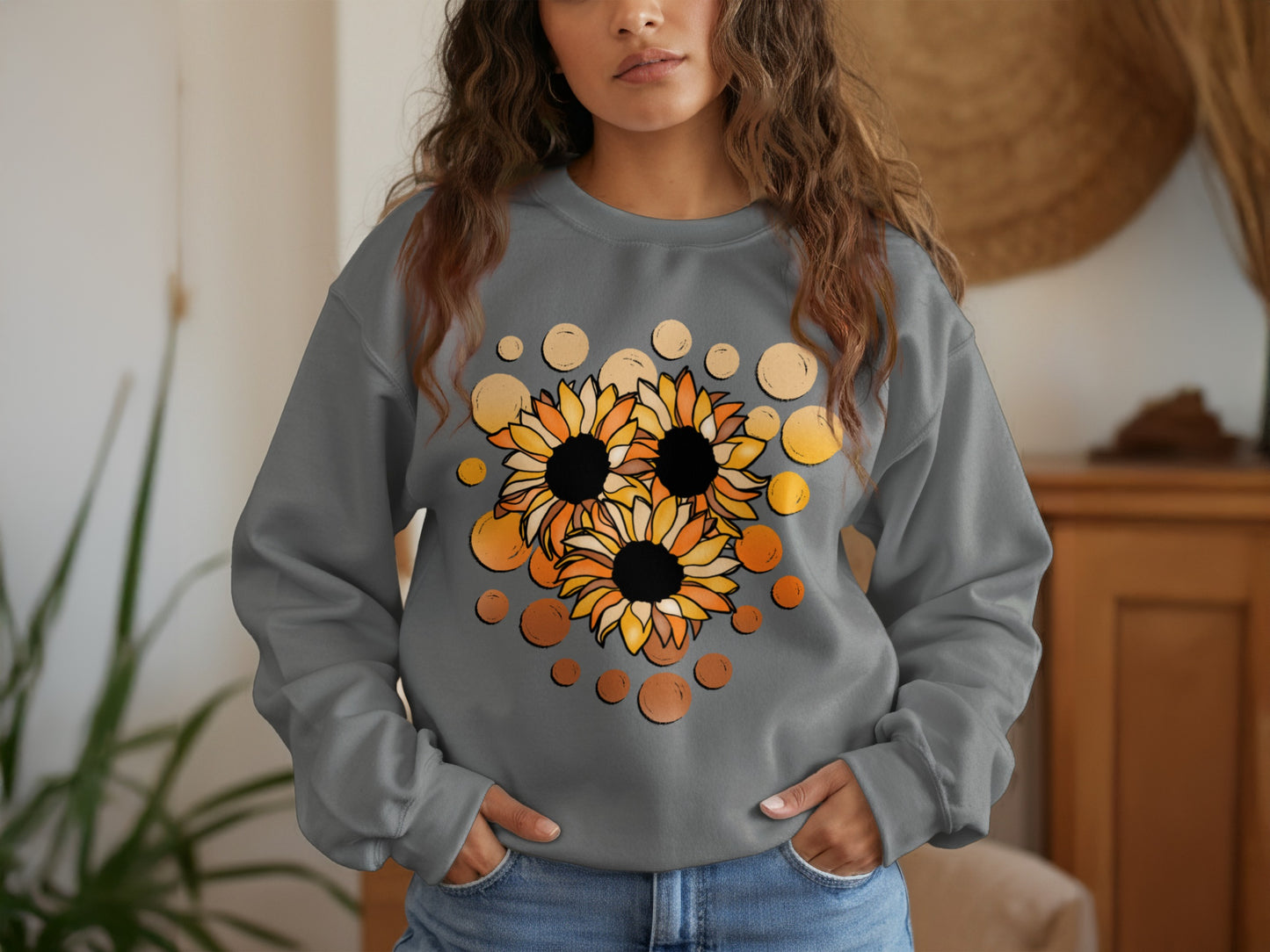Sunflower Design Sweatshirt with Dot Patterns