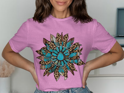 Turquoise Sunflower T-Shirt, Leopard Print, Western Style, Floral Design, Fashion Tee, Rustic T-Shirt, Country Girl Shirt