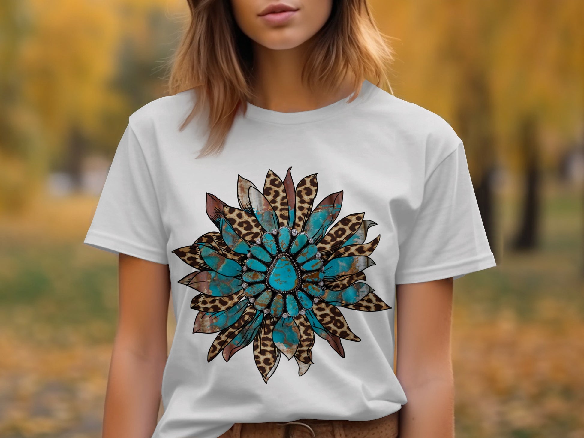 Turquoise and Leopard Feather Design on White T-Shirt