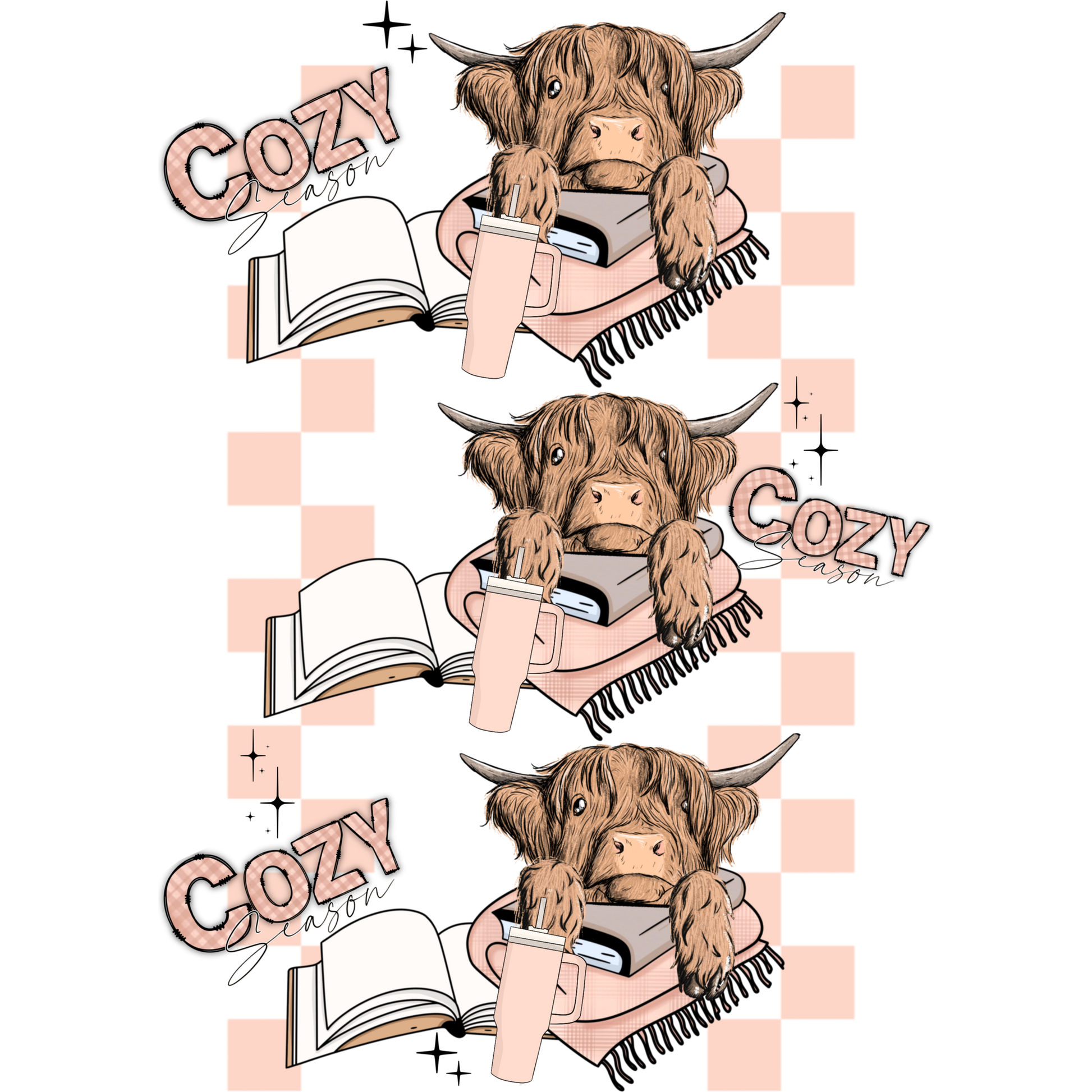Cozy Season Cow with Books and Drink Design