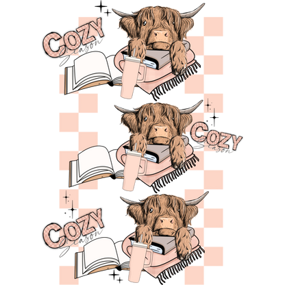 Cozy Season Cow with Books and Drink Design