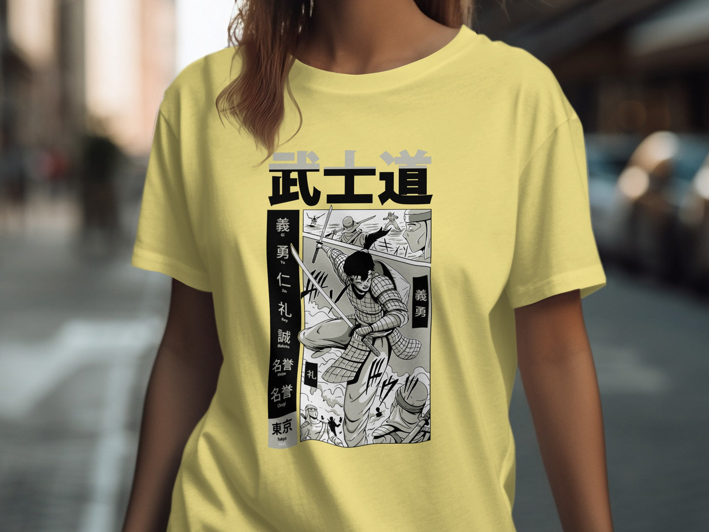 Samurais Graphic Yellow Tee with Japanese Text