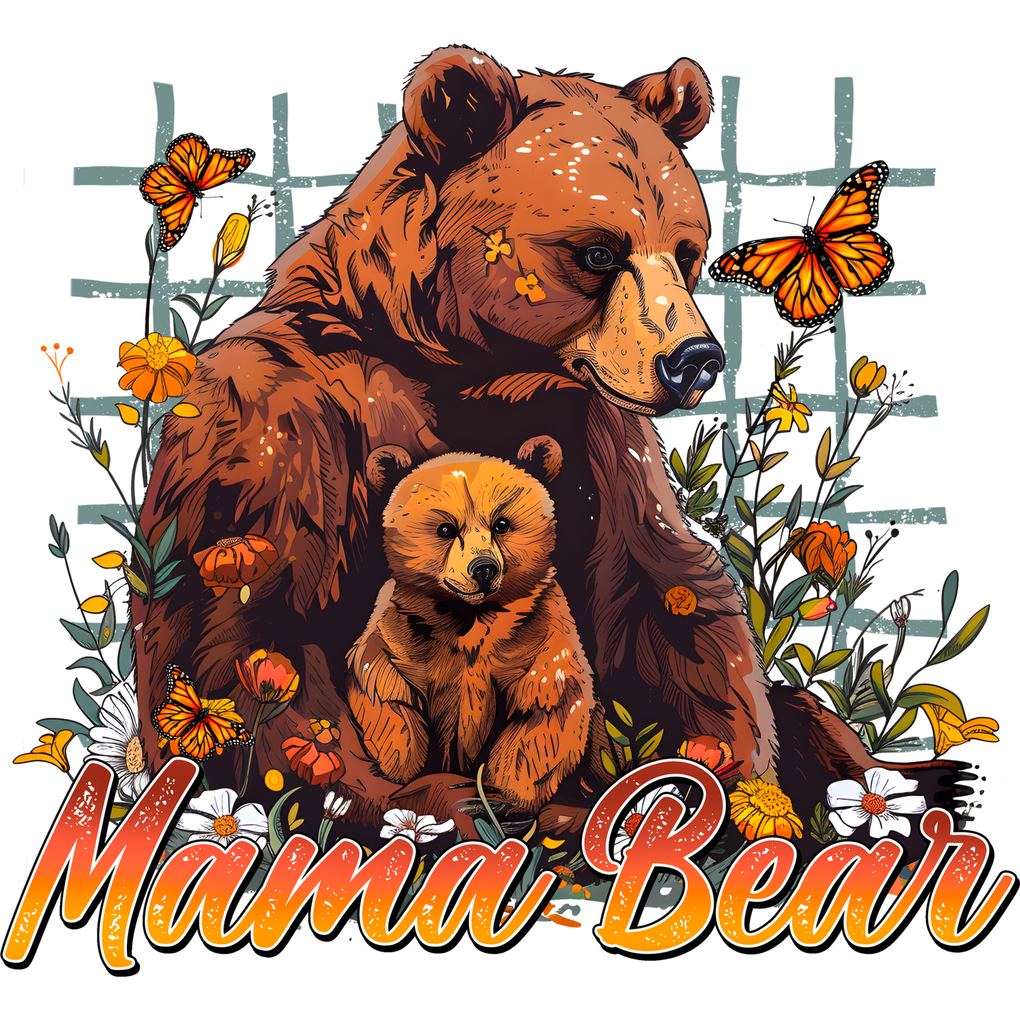 Mama Bear With Cub And Butterflies Artwork